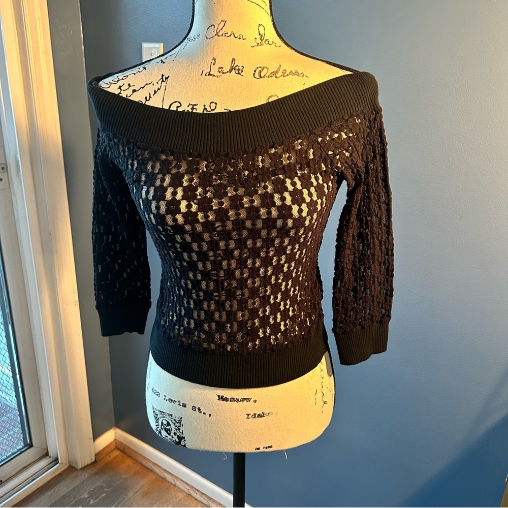 Bebe mesh sheer Off-Shoulder Sweater